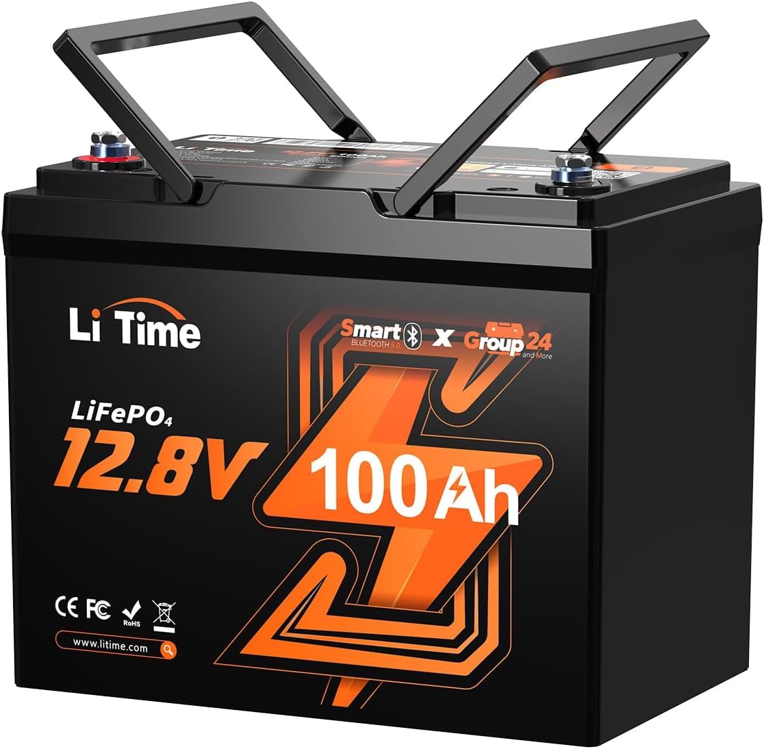 Litime 12V 100Ah LiFePO4 Batterie, Bluetooth Lithium Batterie BCI Group 24, Upgraded 100A BMS, 10-Jahres Lebensdauer Tiefzyklus Batterie für Solar, Anhänger RV, Trolling Motor, Marine von Litime