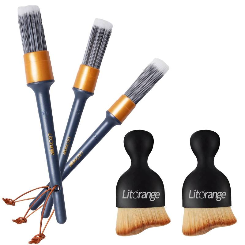 LitOrange Auto-Detail-Pinsel-Set, 5-teilig, verschiedene PET- und PPT-Griffe aus gemischtem Faser-Kunststoff, zur Reinigung von Innenraum, Außen, Rädern, Felgen und Leder von Litorange