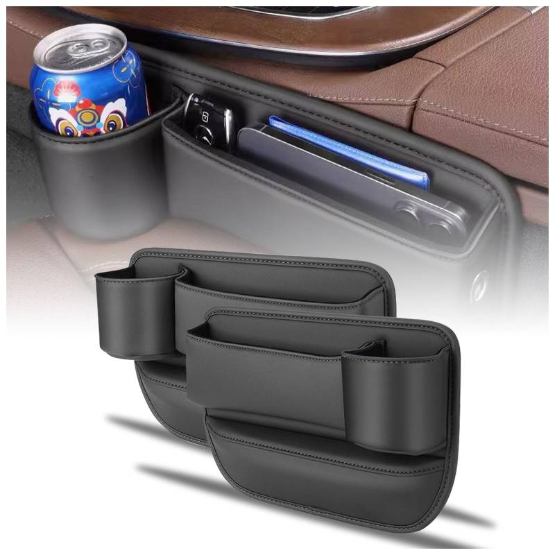 2 Stück Auto Leder Getränkehalter Gap Bag Sitz Lücke Aufbewahrungsbox Verstellbare Autositz Aufbewahrungsbox Leder Getränkehalter Gap Bag mit Getränkehalter für Telefone Brille Schlüssel Karten von LixronVL