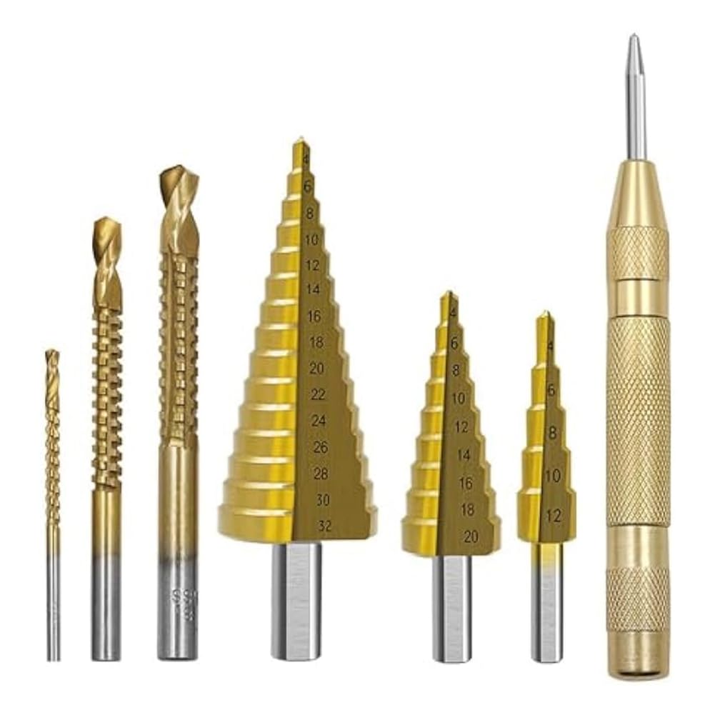 Lizien 7-Teiliges Stufenbohrer-Nutsägen-Bohrer-Set, Rillensägenbohrer, Step-Up-Bohrer, Spiralkegel, Abgestufte Bits für Schlagbohrmaschine von Lizien