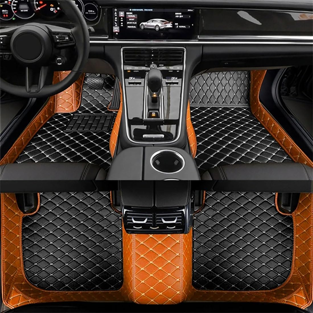 Maßgeschneiderte rutschfeste Auto-Fußmatten für VW Golf 8 2021-2023, Auto-Fußpolster für Linksfahrer, 3 Stück/Set/Vorder- und Hinterreihe, PU-Leder,Orange-Black von LohxA