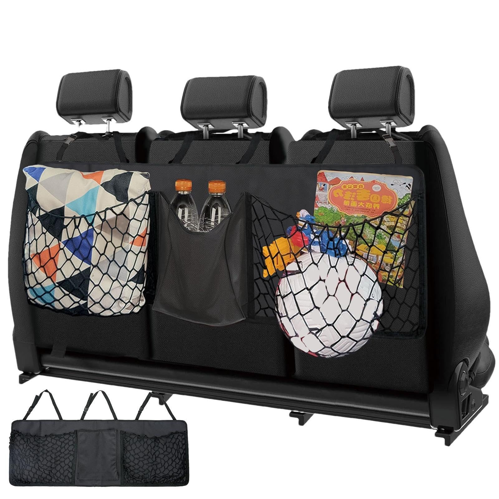 Car Back Seat Organizer, Car Trunk Organizer Net, Large Capacity Car Organizer, Kids Travel Accessories Organizer, Water Bottle Storage for Car, Car Organizer for Books, Snacks Storage Organizer von Lokaquk