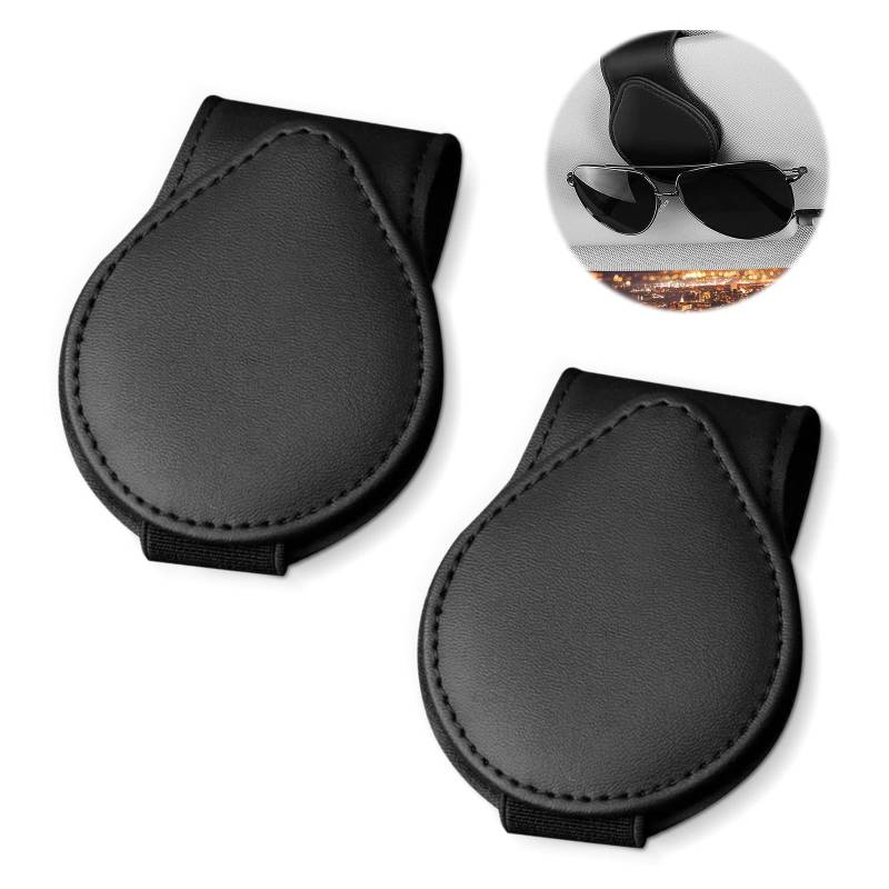 Brillenhalter für Auto,Leder Brillenhalter für Auto,2 Pack Brillenhalter für Auto Sonnenblende,Leder Brillenhalter für Auto,Ticket Karten Clip Brillen Halterung Geschenke für Freunde (Schwarz) von Lonimia