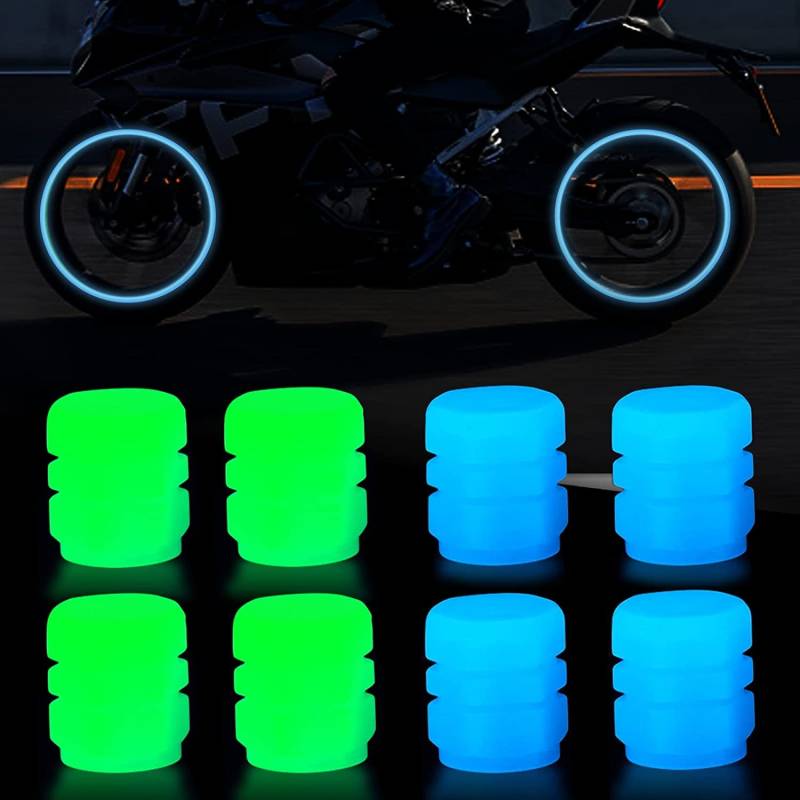 Set von 8 universellen fluoreszierenden Autoreifen-Ventilkappen, Kunststoff Ventilschaftabdeckung Dekorationszubehör für für Auto, LKW, Motorräder, Fahrrad (4 Blau+4 Grün) von Lonnalee