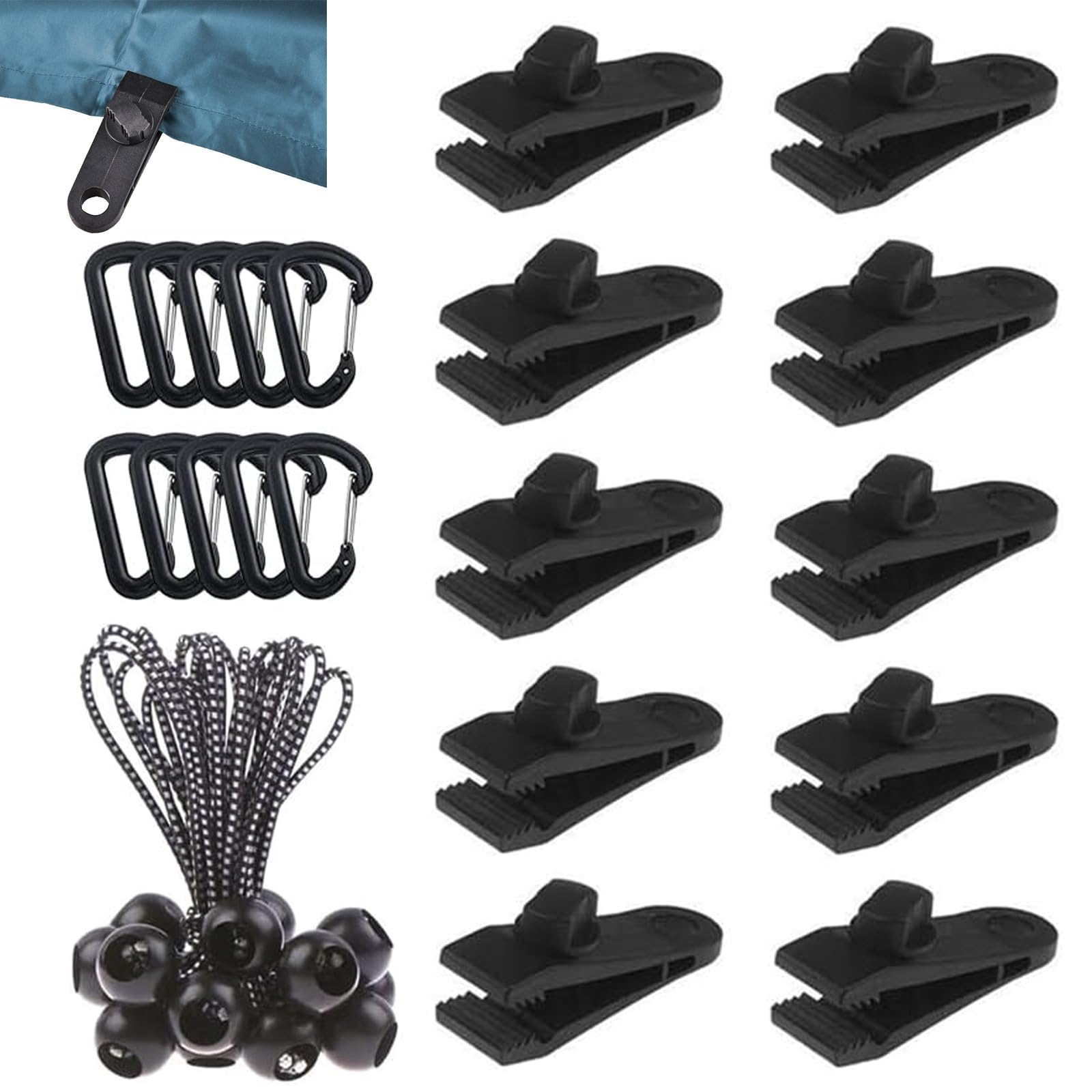 Lonwiner Set mit 30 Stück Planenclips, 10 Stück Klemmen für Plane, Klemme, Verriegelung, 10 Stück Elastiche Seil pro Tenda in Nylon, 10 Stück Karabiner, für Zelte, Decken, Markisen, Banner von Lonwiner