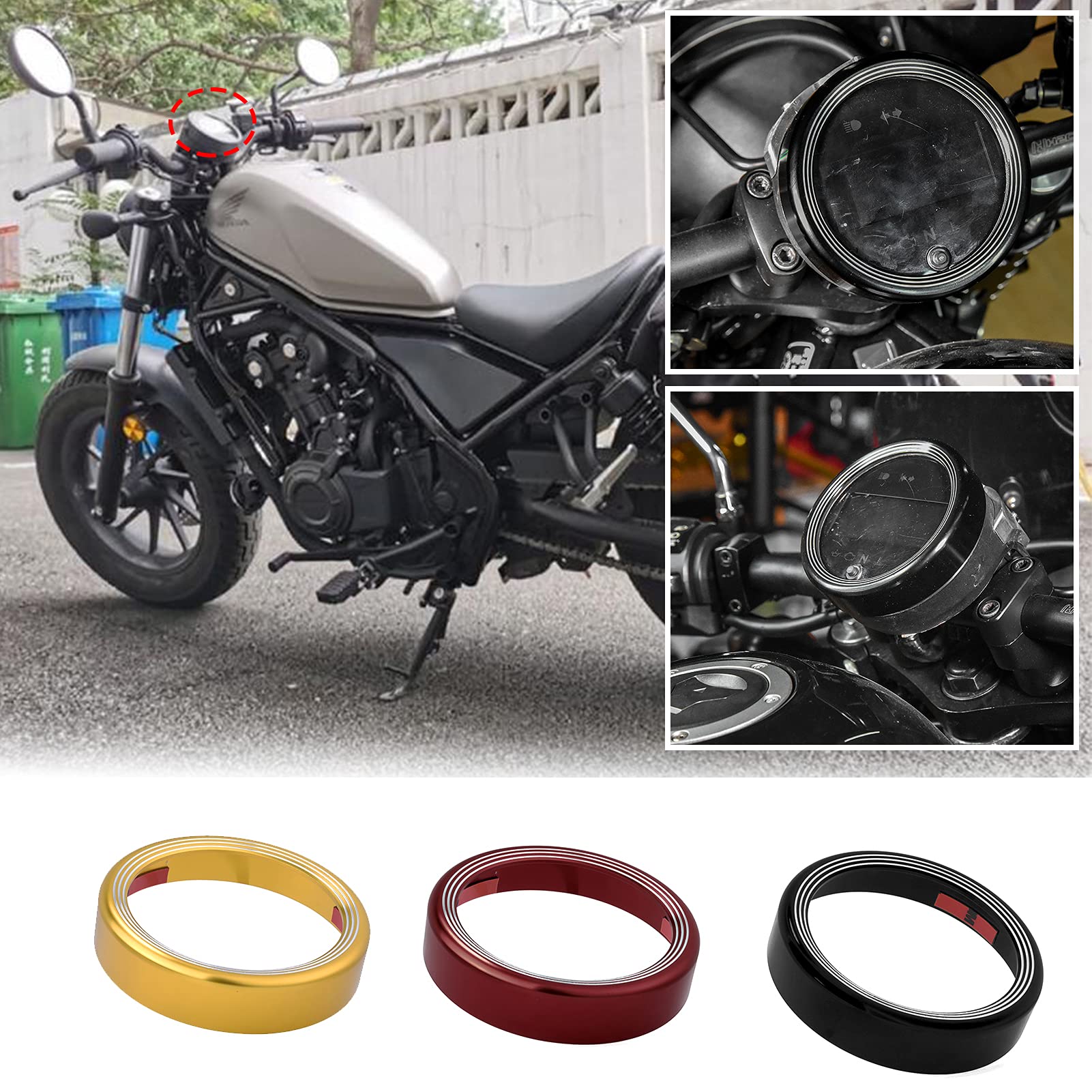 LoraBaber Armaturenbrett Messuhr Ringe Lünette Trim Tacho Sport Für Honda Rebel CMX 300 CMX 500 2017 2018 2019 Tachometer Dekoration Ring (Gold) von LoraBaber