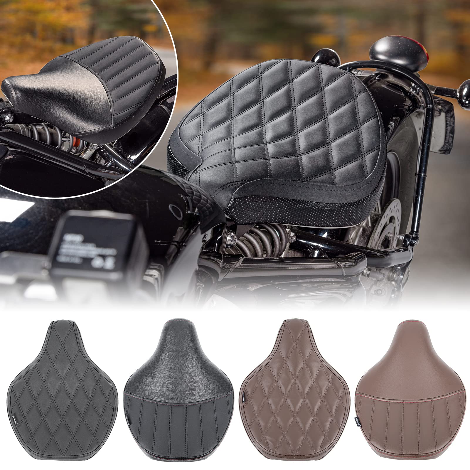 Lorababer Motorrad-Vintage-Frontfahrerkissen, Solo-Sitzpolsterbezug, kompatibel mit T.riumph Bonneville Bobber 2017 2018 2019 2020 2021 2022 2023 Druckentlastung Touring-Sattel (Schwarzer Stil 1) von Lorababer