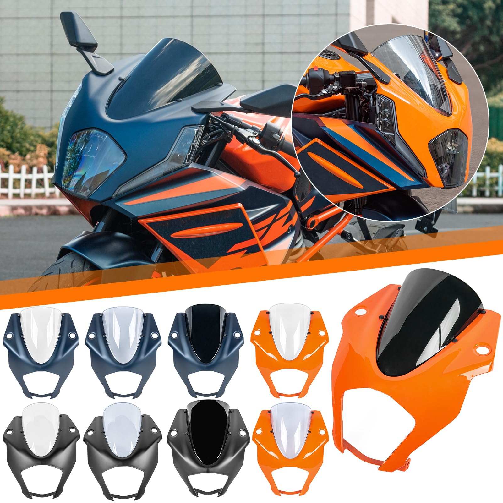 Motorrad Frontverkleidung Scheinwerfer-Windschutzscheibe kompatibel mit RC390 RC 390 RC-390 2022–2023, Scheinwerfer-Visierschutz Windabweiser große Maskenabdeckung (Orange+Klar) von Lorababer