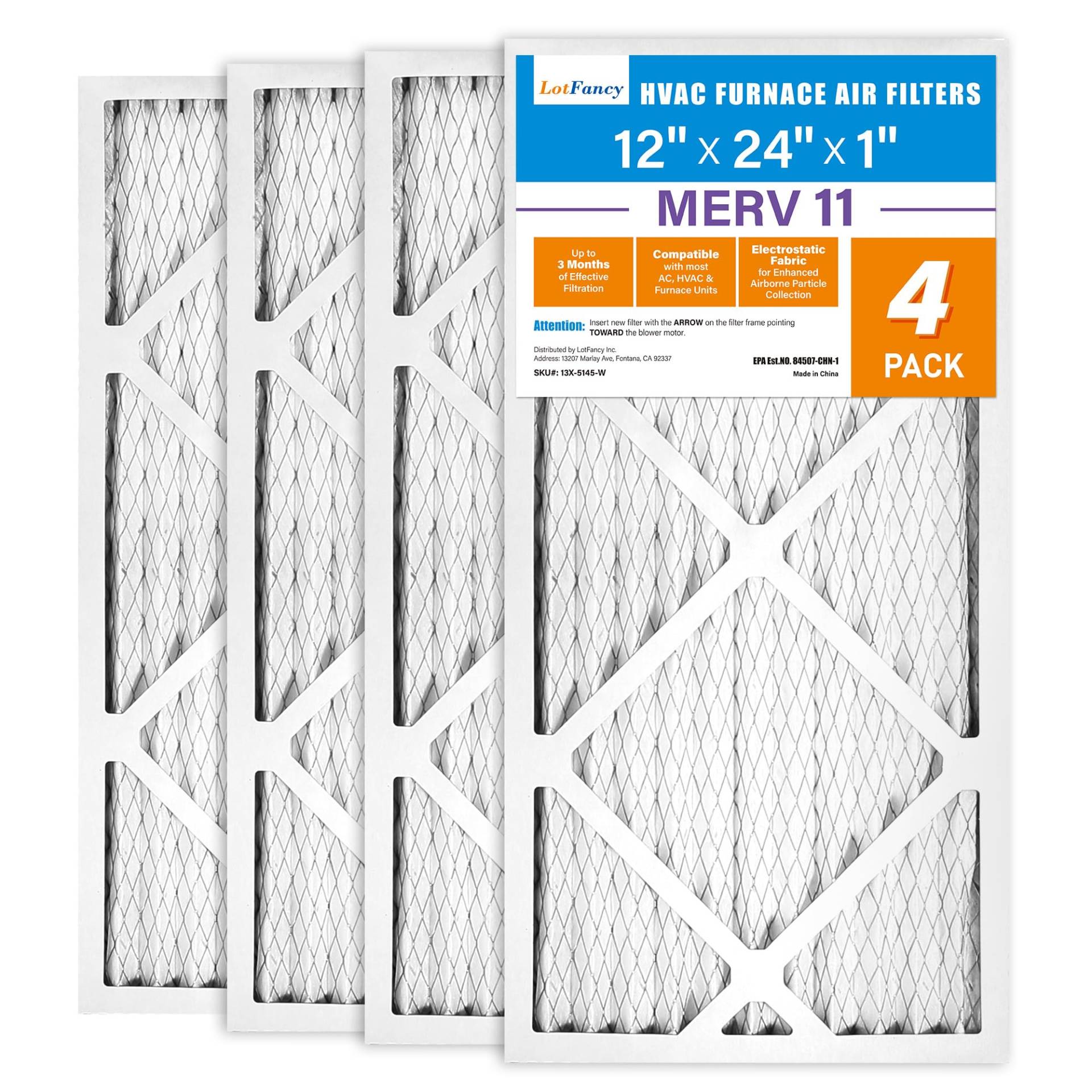 LotFancy 12x24x1 Air Filters, MERV 11 AC Furnace Filters, 4 Pack Pleated Air Conditioner HVAC Filters (Actual Size: 11.75 x 23.75 x 0.75 Inches) von LotFancy