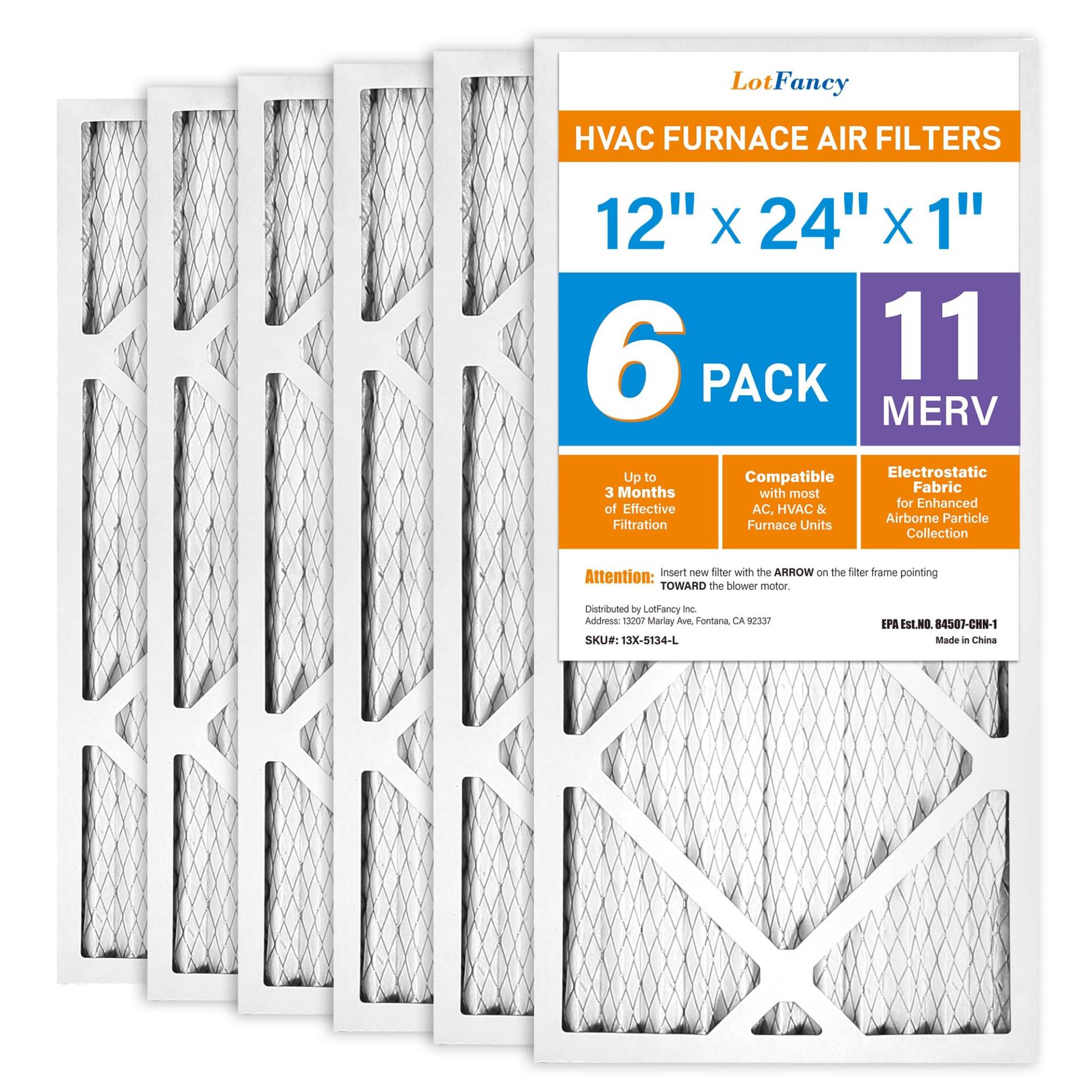 LotFancy 12x24x1 Air Filters, MERV 11 AC Furnace Filters, 6 Pack Pleated Air Conditioner HVAC Filters (Actual Size: 11.75 x 23.75 x 0.75 Inches) von LotFancy