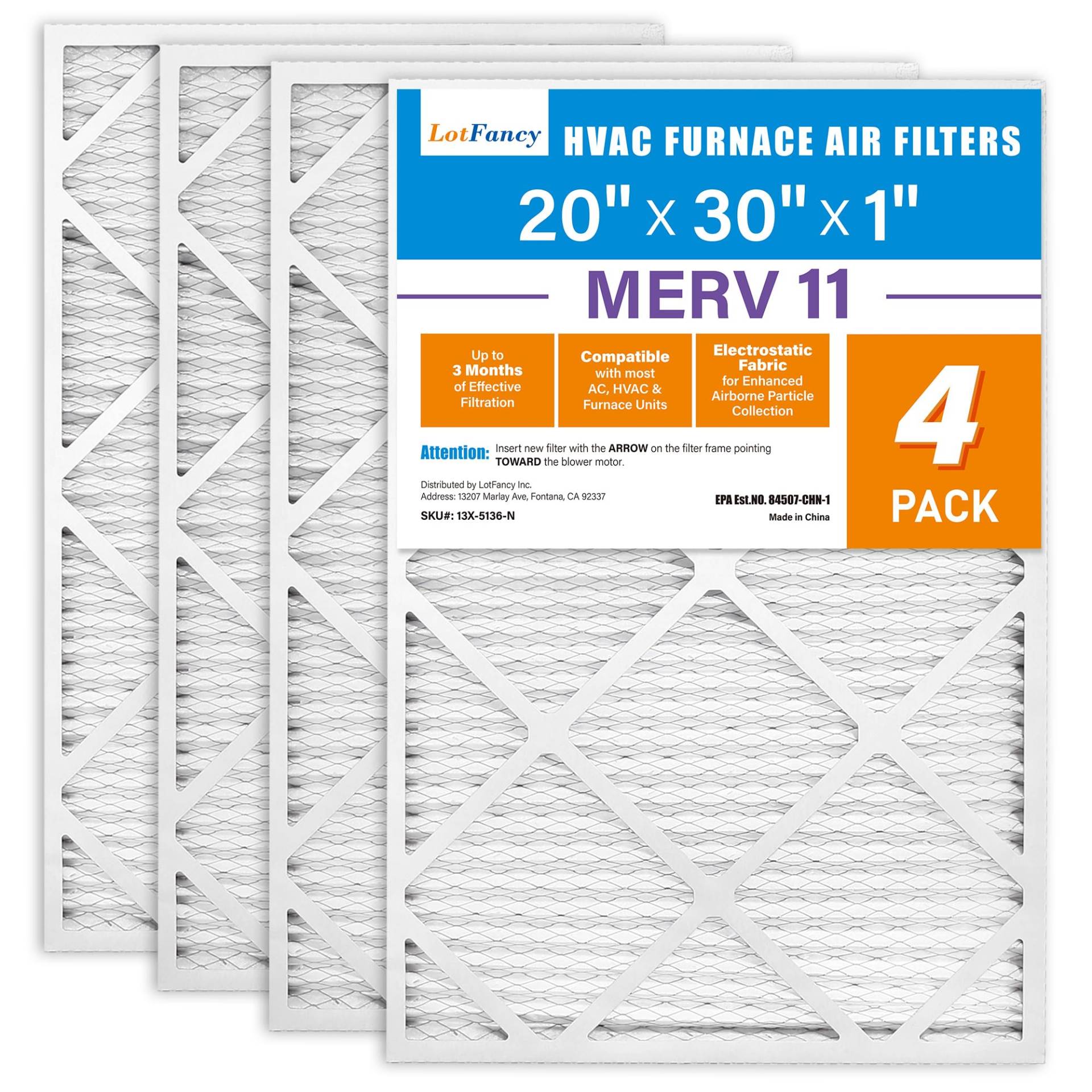 LotFancy 20x30x1 Air Filters, MERV 11 AC Furnace Filters, 4 Pack Pleated Air Conditioner HVAC Filters (Actual Size: 19.75 x 29.75 x 0.75 Inches) von LotFancy