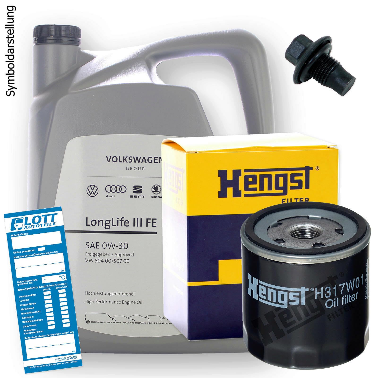 Ölwechsel Set Inspektion 5 Liter Motoröl Original VAG 0W-30 Motorenöl + Hengst Ölfilter + Öl Ablassschraube Verschlussschraube von Lott-Autoteile