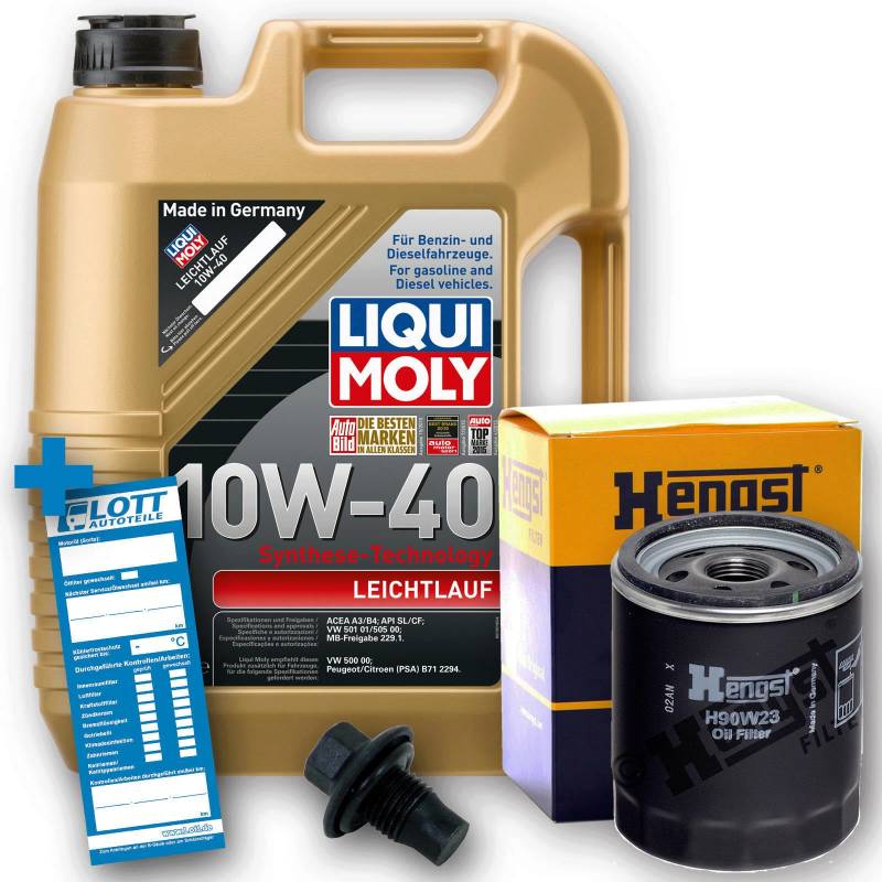 Ölwechsel Set Inspektion 5L 10W-40 Öl Motoröl Liqui Moly Leichtlauf + HENGST Ölfilter + Öl Ablassschraube Verschlussschraube von Lott-Autoteile