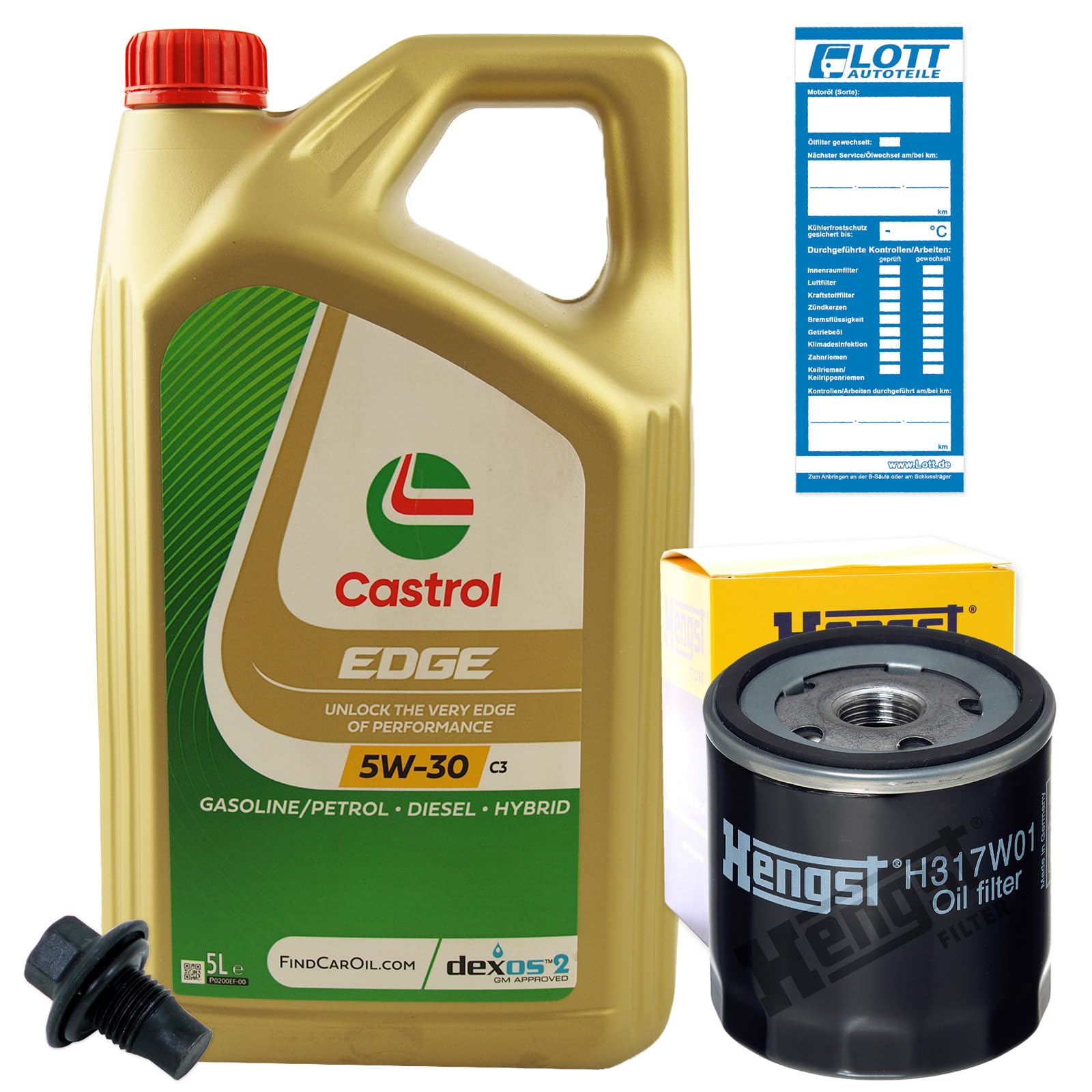 Ölwechsel Set Inspektion 5L Castrol Edge Titanium FST LL 5W-30 Öl Motoröl + HENGST Ölfilter + Öl Ablassschraube Verschlussschraube von Lott-Autoteile