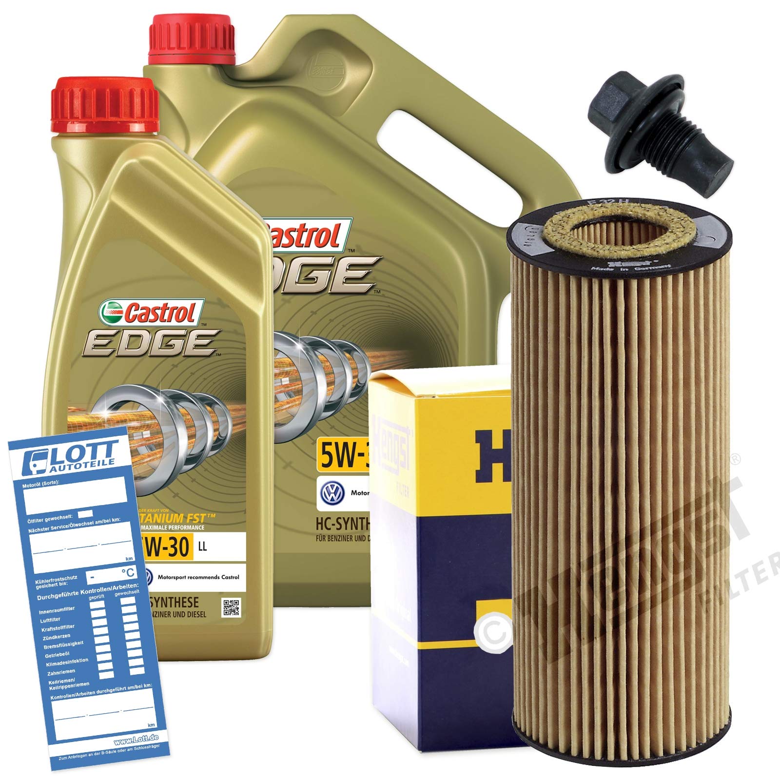 Ölwechsel Set Inspektion 6L Castrol Edge Titanium FST LL 5W-30 Öl Motoröl + HENGST Ölfilter + Öl Ablassschraube Verschlussschraube von Lott-Autoteile