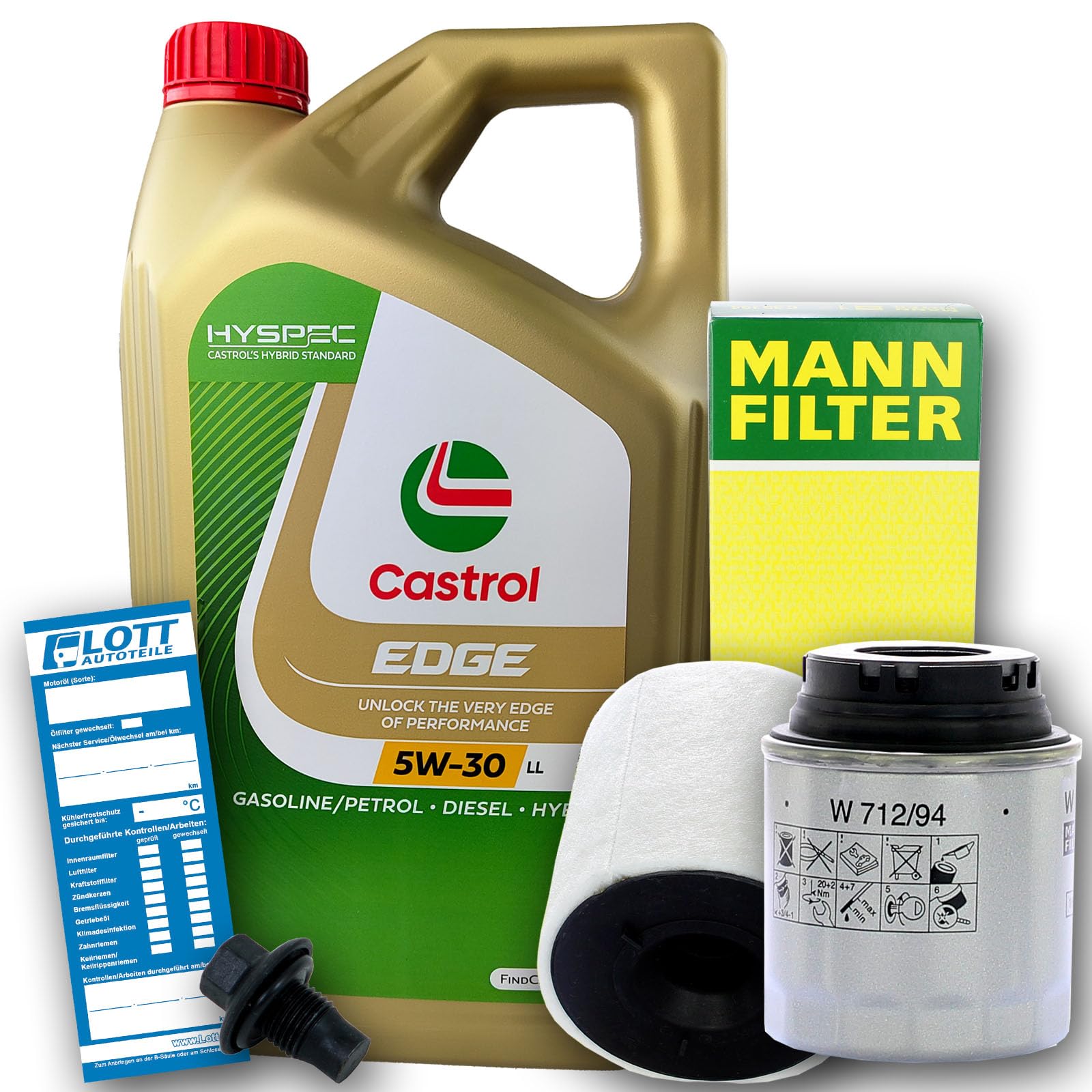 Ölwechsel Set Inspektion Servicekit 5L Castrol Edge Titanium FST LL 5W-30 Motoröl + MANN Ölfilter + MANN Luftfilter + Öl Ablassschraube Verschlussschraube von Lott-Autoteile