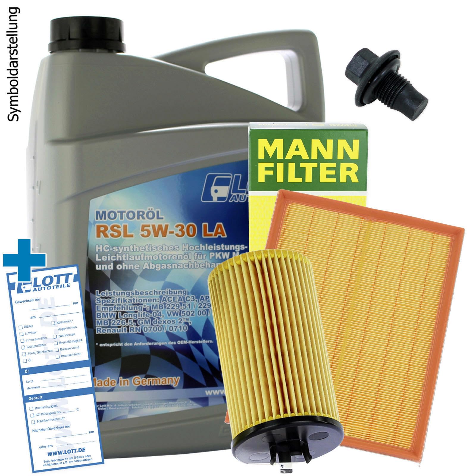 Ölwechsel Set Inspektion Servicekit 5L Lott 5W-30 Motoröl + MANN Ölfilter + MANN Luftfilter + Öl Ablassschraube Verschlussschraube von Lott-Autoteile