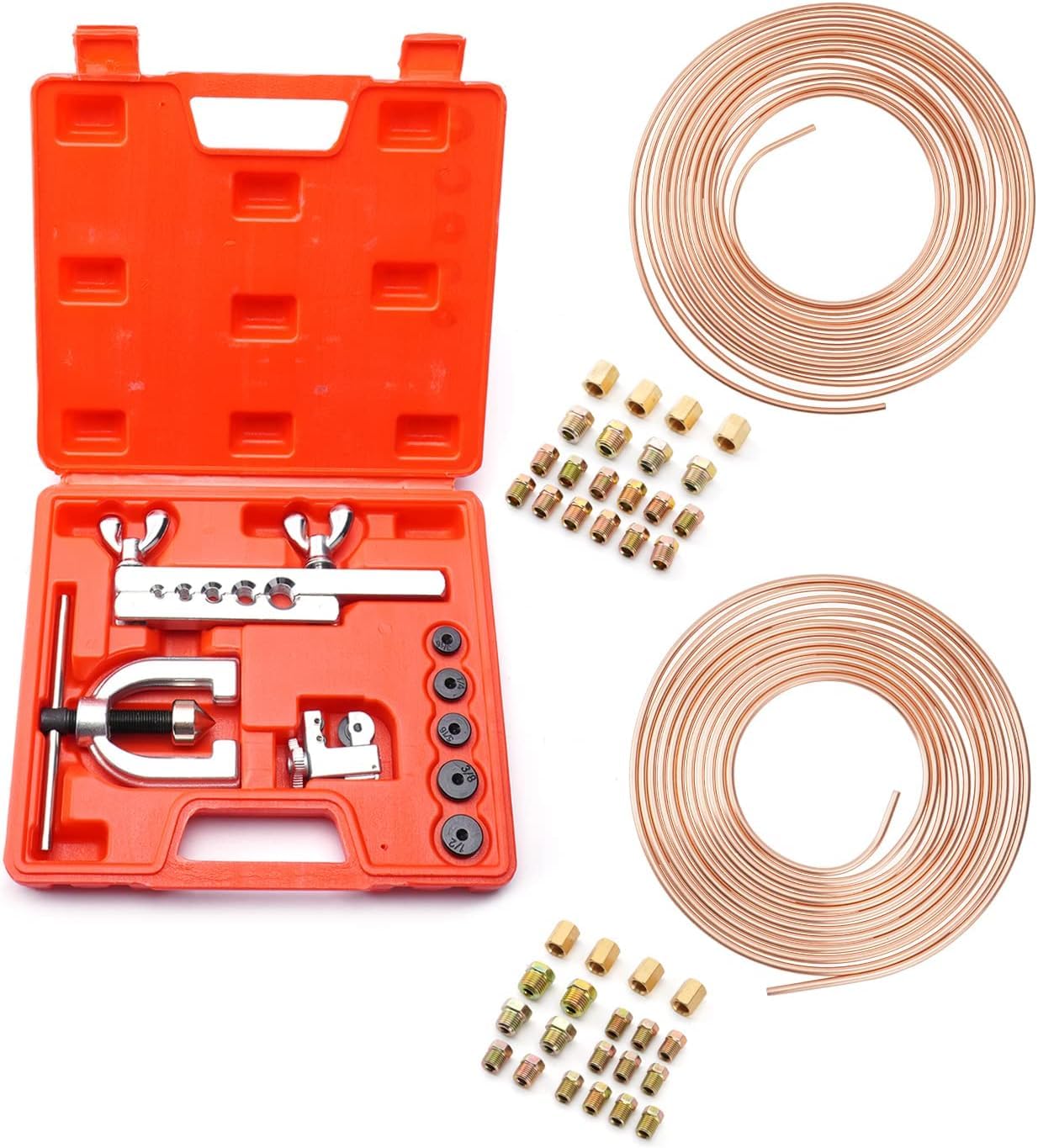 Lpraer 50Pcs Bremsleitung Bördelgerät Kit, Doppelt und Einfach Bördelgerät Werkzeugsatz zum Aufweiten, 7,62m Ø 4,87mm + 7,62m Ø 7,48mm Bremsleitung mit 32 Anschlüssen+8 Verbinder für die Meisten Brems von Lpraer