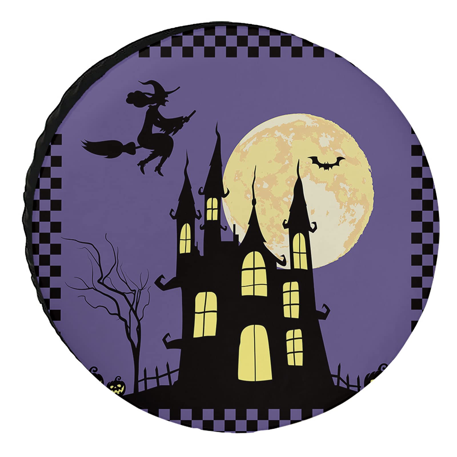 Reserveradabdeckung 15 Zoll Halloween Witch Castle Pumpkin Moon Universal-Reifenradschutz Lila Schwarz Wasserdicht/Staubdicht Reifenabdeckungen Kfz-Zubehör Passend für RV-SUV-Fahrzeuge von Lsjuee