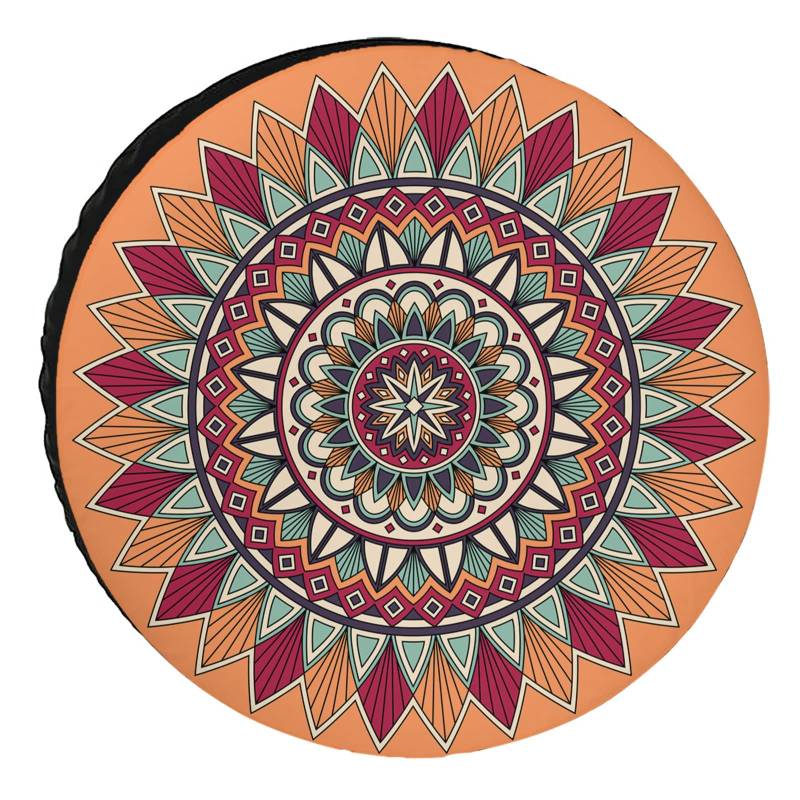 Reserveradabdeckung 15 Zoll Rot Mandala Flower Bohemia Universal-Reifenradschutz Orange Wasserdicht/Staubdicht Reifenabdeckungen Kfz-Zubehör Passend für Wohnmobile, SUVs, Anhänger von Lsjuee