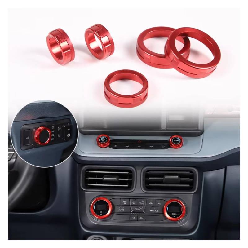 Auto Innenform Für Ford Für Maverick 2022-2024 XL Für XLT Für Kit 5 stücke Aluminium Center Konsole Volumen Knopf Ring abdeckung Innenzubehör(Red 5PCS) von Lspbfkq