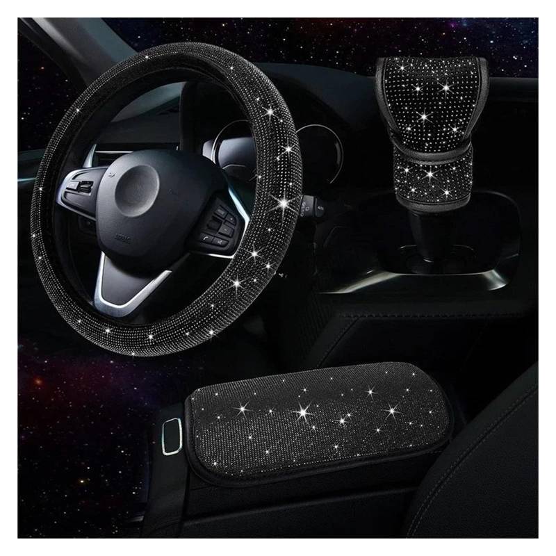 Auto Lenkradbezug 3Pcs Strass Lenkrad Abdeckung Schalthebel Abdeckung Armlehne Matte Pad Bling Auto Decortion Styling Auto Zubehör Set Lenkradabdeckung(Black) von Ltusgt