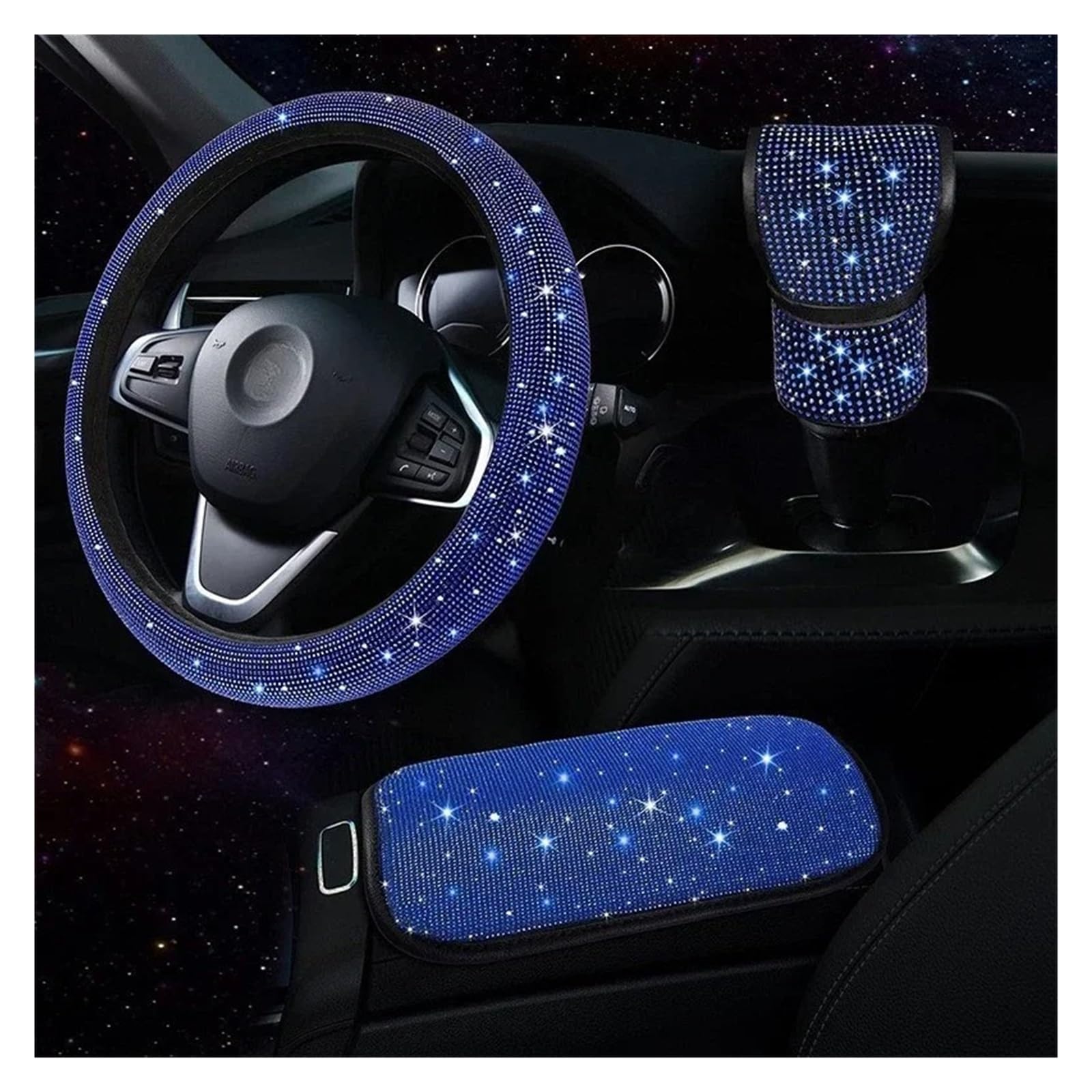 Auto Lenkradbezug 3Pcs Strass Lenkrad Abdeckung Schalthebel Abdeckung Armlehne Matte Pad Bling Auto Decortion Styling Auto Zubehör Set Lenkradabdeckung(Blue) von Ltusgt