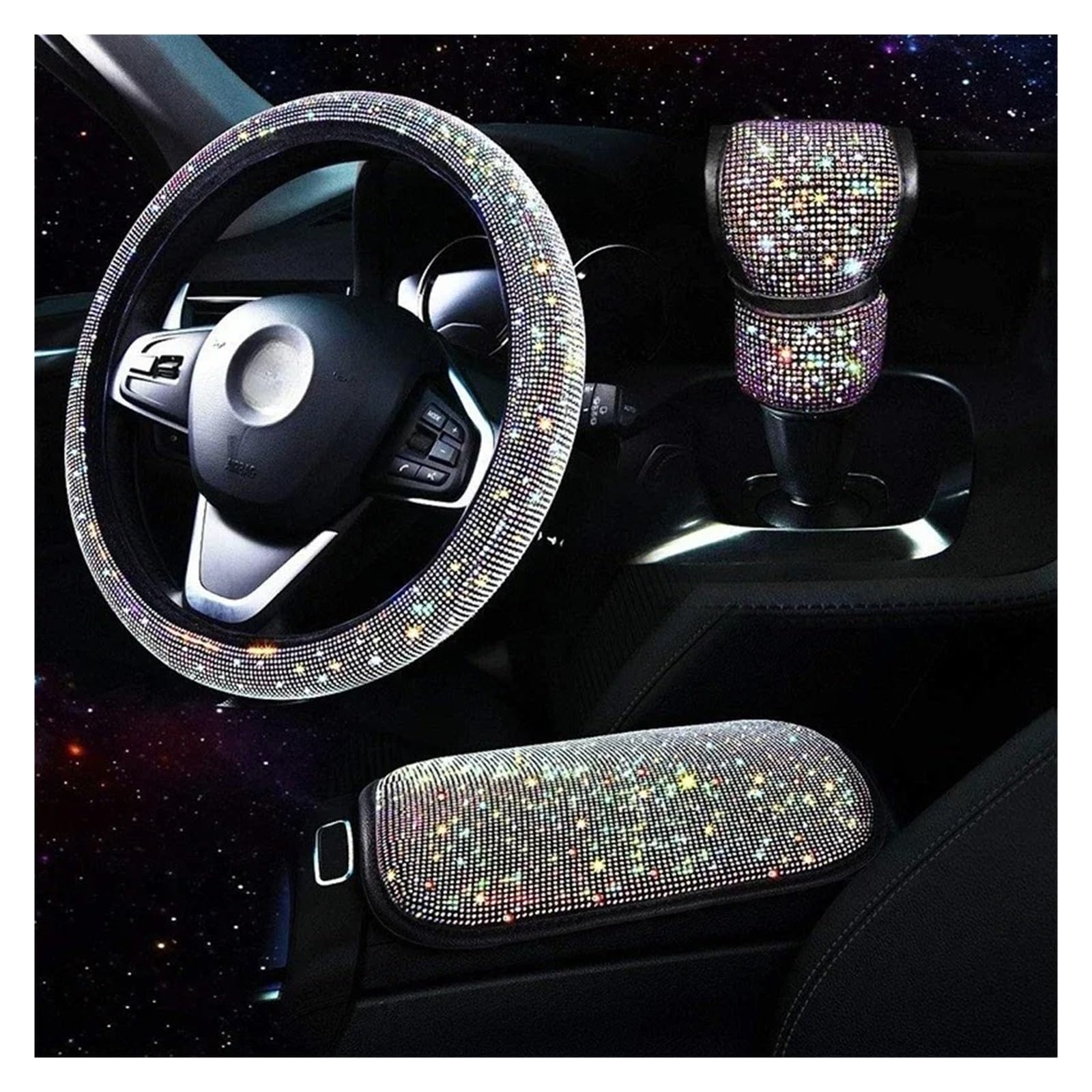 Auto Lenkradbezug 3Pcs Strass Lenkrad Abdeckung Schalthebel Abdeckung Armlehne Matte Pad Bling Auto Decortion Styling Auto Zubehör Set Lenkradabdeckung(Color) von Ltusgt