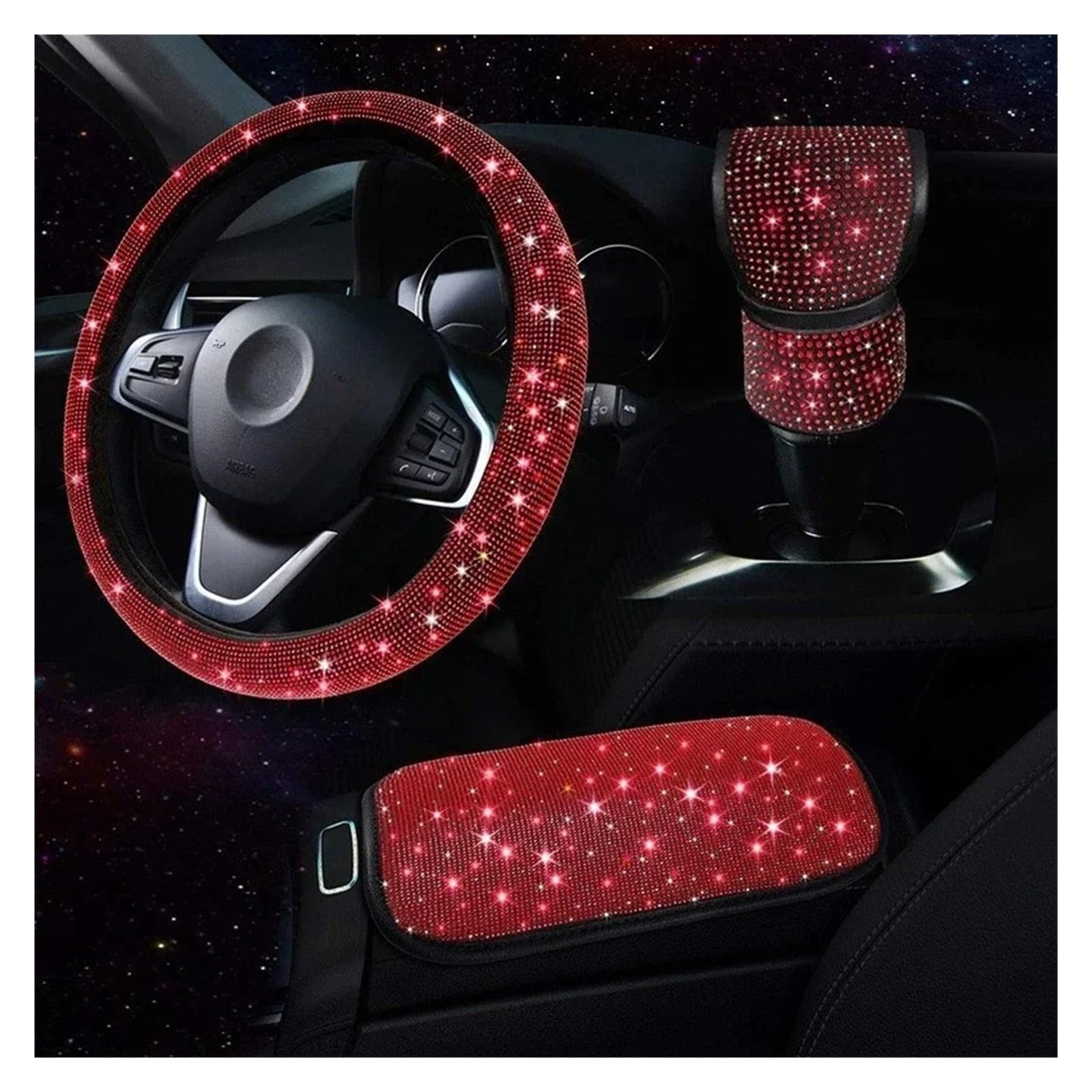 Auto Lenkradbezug 3Pcs Strass Lenkrad Abdeckung Schalthebel Abdeckung Armlehne Matte Pad Bling Auto Decortion Styling Auto Zubehör Set Lenkradabdeckung(Red) von Ltusgt