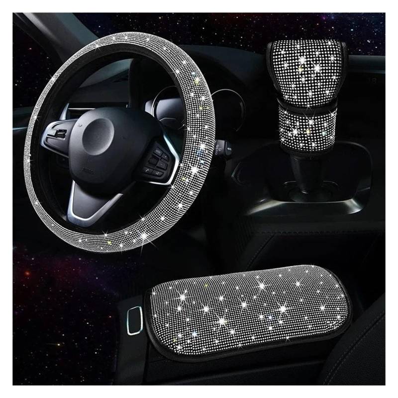 Auto Lenkradbezug 3Pcs Strass Lenkrad Abdeckung Schalthebel Abdeckung Armlehne Matte Pad Bling Auto Decortion Styling Auto Zubehör Set Lenkradabdeckung(White) von Ltusgt