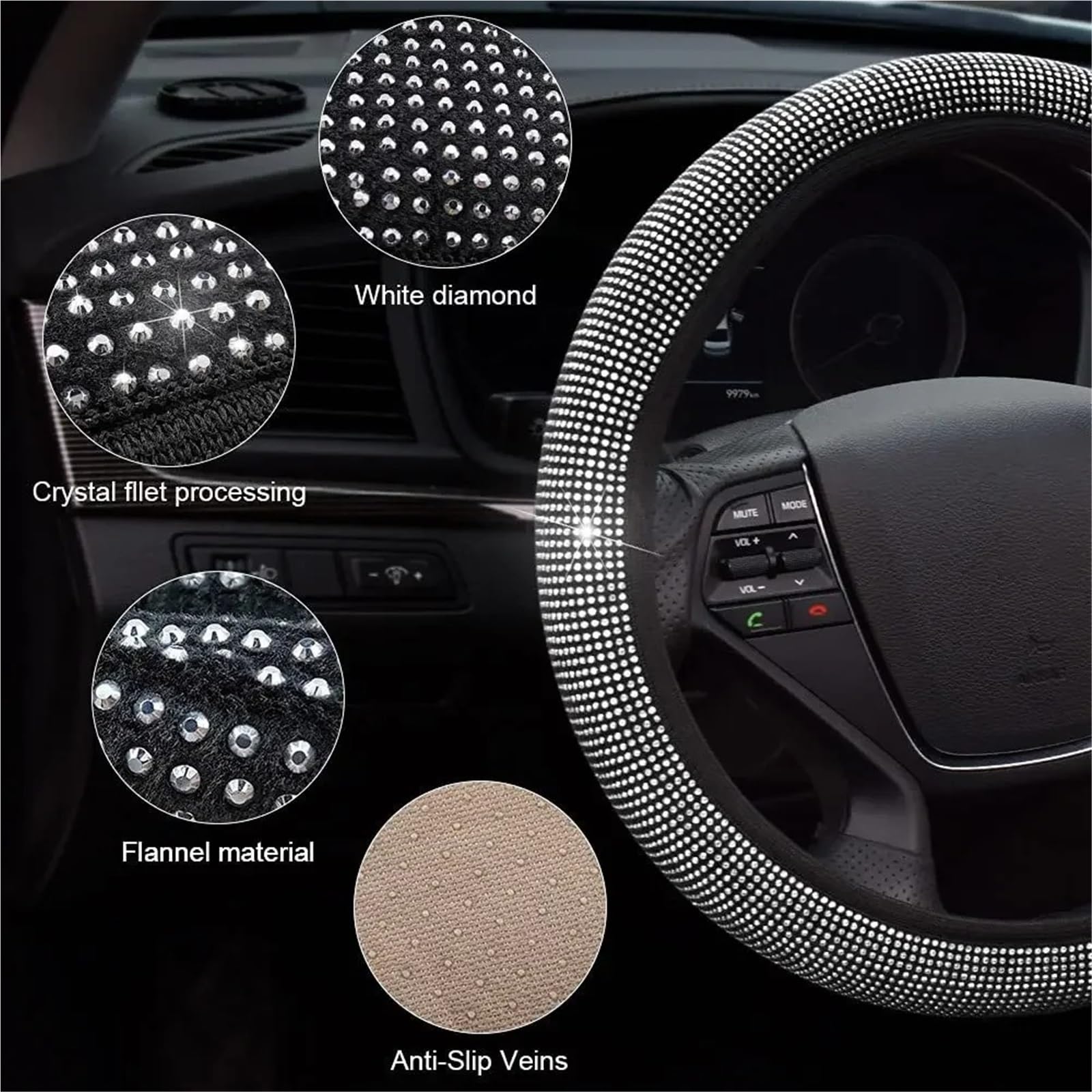 Auto Lenkradbezug Diamant Strass Kristall Auto Lenkrad Abdeckung PU Leder Auto Zubehör Fall Auto Styling Lenkradabdeckung(Black) von Ltusgt