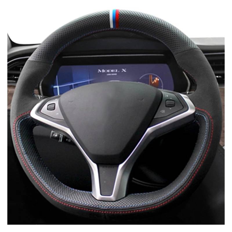 Lenkradbezug Für Tesla Für Modell Für S 2009-2021 Für Modell Für X 2012-2021 Autozubehör Autolenkradabdeckung Schwarzes Echtes Leder Wildledergeflecht Lenkradabdeckung(Style 9) von Ltusgt