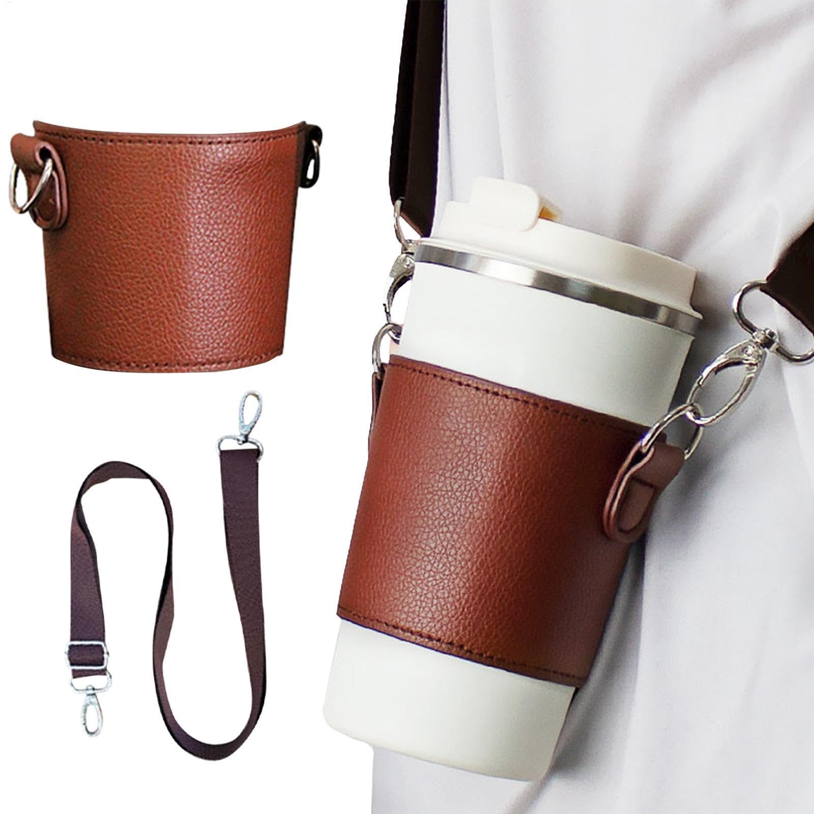 Wasserflaschenträger - Verstellbarer Getränkehalter, Leder Kaffeetasse Halter | Tragbare Trägerhülle für Kaffeetasse, PU-Mehrzweckwasserflaschenzubehör zum Wandern, Einkaufen, Camping von Lunaobrik