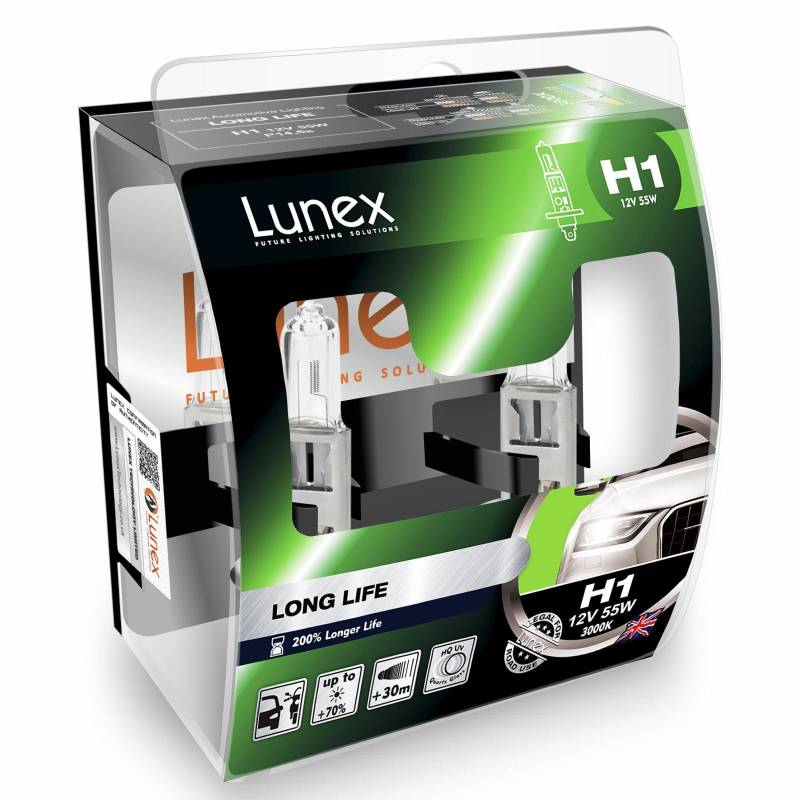 Lunex H1 LONG LIFE 200% Scheinwerfer Halogenbirnen Lampen 12V 55W P14,5s 3000K duobox (2 Stücke) von Lunex