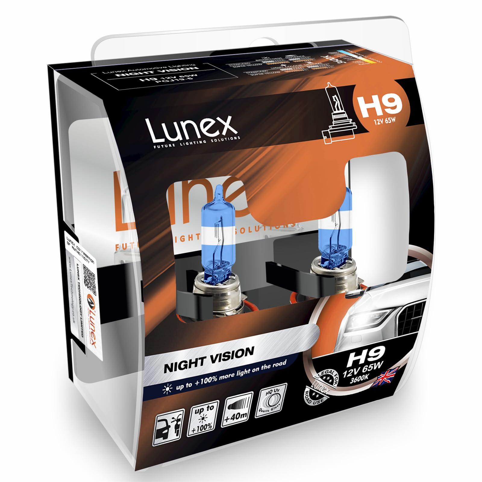 Lunex H9 NIGHT VISION 709 Scheinwerfer Halogenbirnen Lampen + 100% mehr Licht 12V 65W PGJ19-5 3600K duobox (2 Stücke) von Lunex