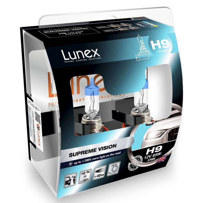 LUNEX H9 SUPREME VISION 709 Scheinwerfer Halogenbirnen Lampen + 100% mehr Licht 12V 65W PGJ19-5 3700K duobox (2 Stücke) von Lunex