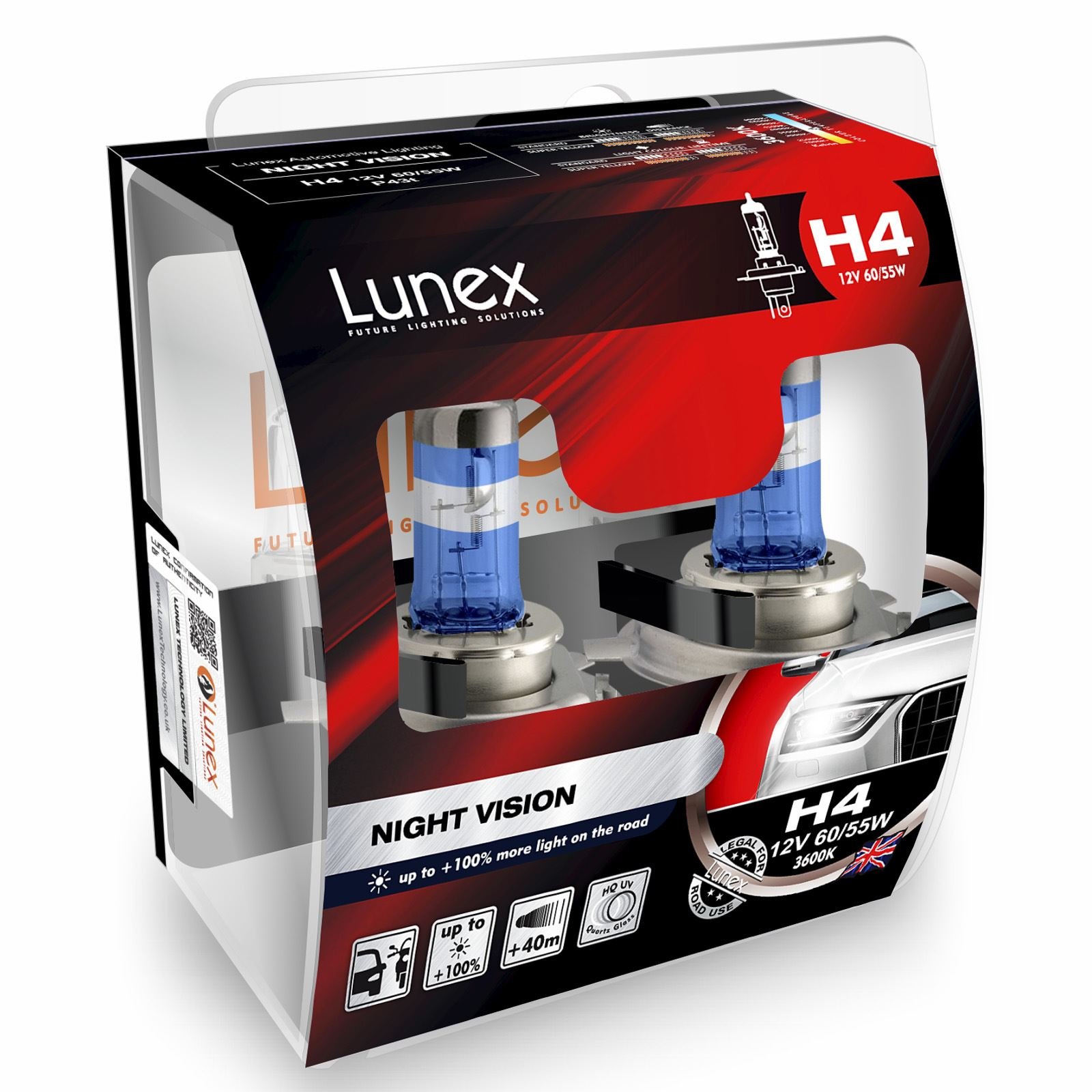 Lunex H4 NIGHT VISION Headlight Halogen Bulbs +100% More Light 12V 60/55W P43t 3600K Duobox (2 Pieces) von Lunex