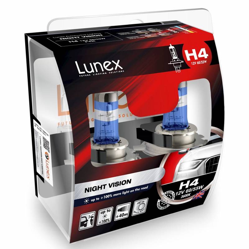 Lunex H4 NIGHT VISION Headlight Halogen Bulbs +100% More Light 12V 60/55W P43t 3600K Duobox (2 Pieces) von Lunex