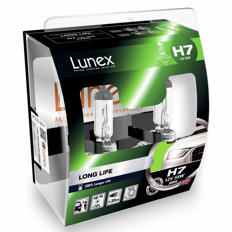 Lunex H7 LONG LIFE 200% Scheinwerfer Halogenbirnen Lampen 12V 55W PX26d 3000K duobox (2 Stücke) von Lunex