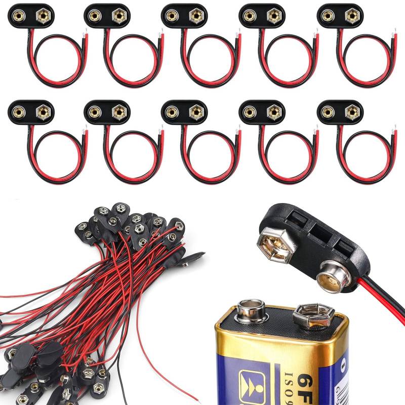 Lunpog 10 Stück 9V Batterie-Schnappverbinder I Typ, 9V Batterie Clip Anschluss mit 15cm Anschlusskabel, Batterie Snap Anschluss, 9-Volt-Batterieklemmen-Anschluss Schnalle Kunststoffgehäuse, Typ I von Lunpog