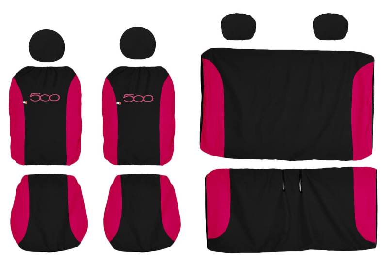 Lupex Shop LD.500_F All Sitzbezüge kompatibel mit 500 | Schwarz Fuchsia Linie Damen | Sitzbezug-Set vorne und hinten | gesticktes Logo | Airbag kompatibel | Autozubehör Innenraum von Lupex Shop