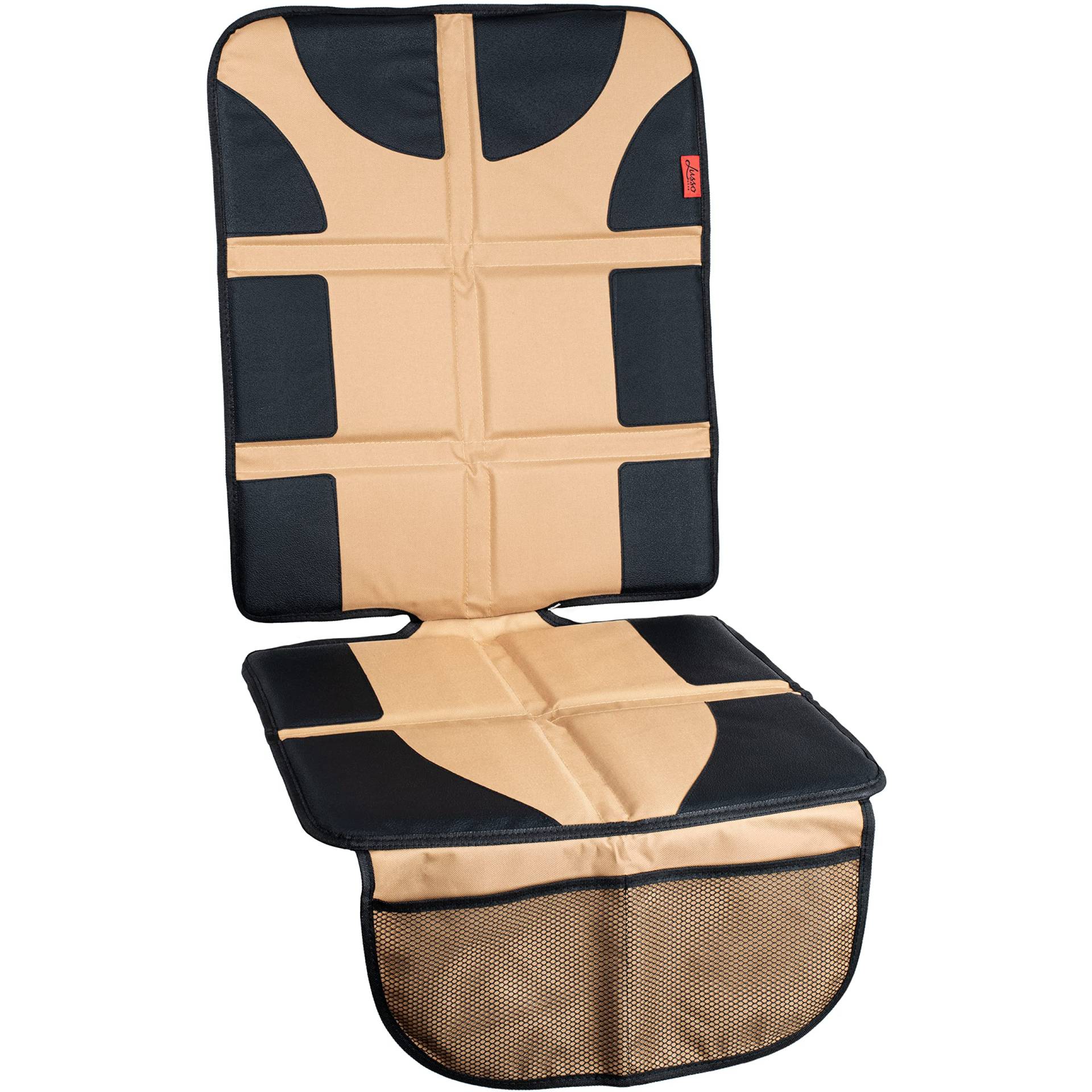 Lusso Gear Universal Autositzschoner - Dick Gepolsterte wasserdichte Leder & Stoff Kindersitzunterlage und Haustier Sitzschutz Auto - 2 Netztaschen - Anti-Rutsch Rückseite - Ohne Aufdruck (Beige) von Lusso Gear