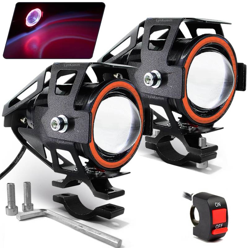 LynKomm 2 Stück Motorrad Scheinwerfer U7 LED Nebelscheinwerfer Spotlight DRL Universal Hilfsscheinwerfer mit Rot Angel Eyes Halo Ring und Schalter von LynKomm