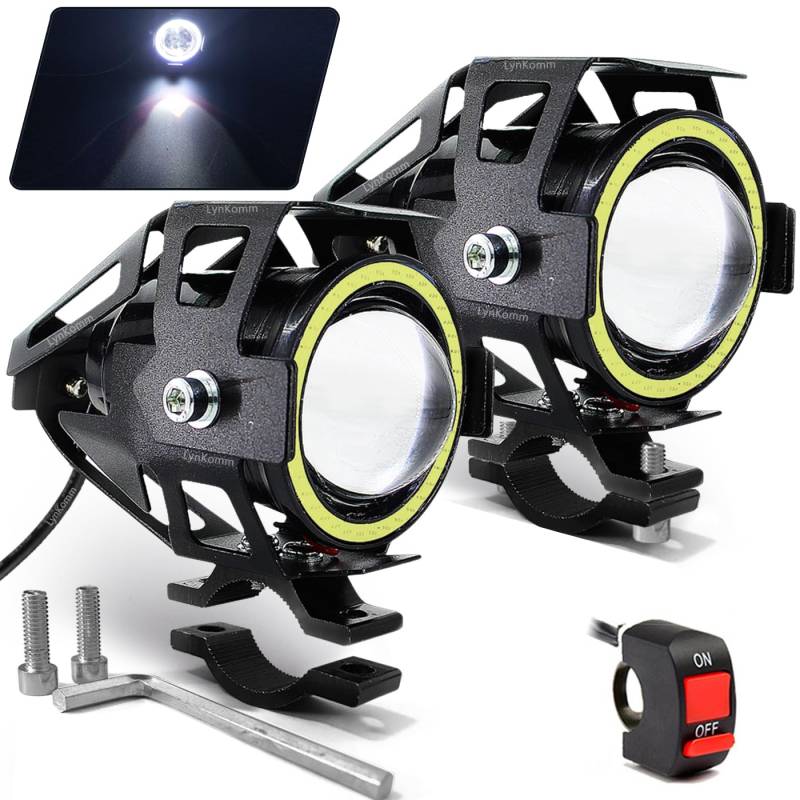 LynKomm 2 Stück Motorrad Scheinwerfer U7 LED Nebelscheinwerfer Spotlight DRL Universal Hilfsscheinwerfer mit Weiß Angel Eyes Halo Ring und Schalter für Autos, Fahrrad, Boot, ATV, Frontscheinwerfer von LynKomm