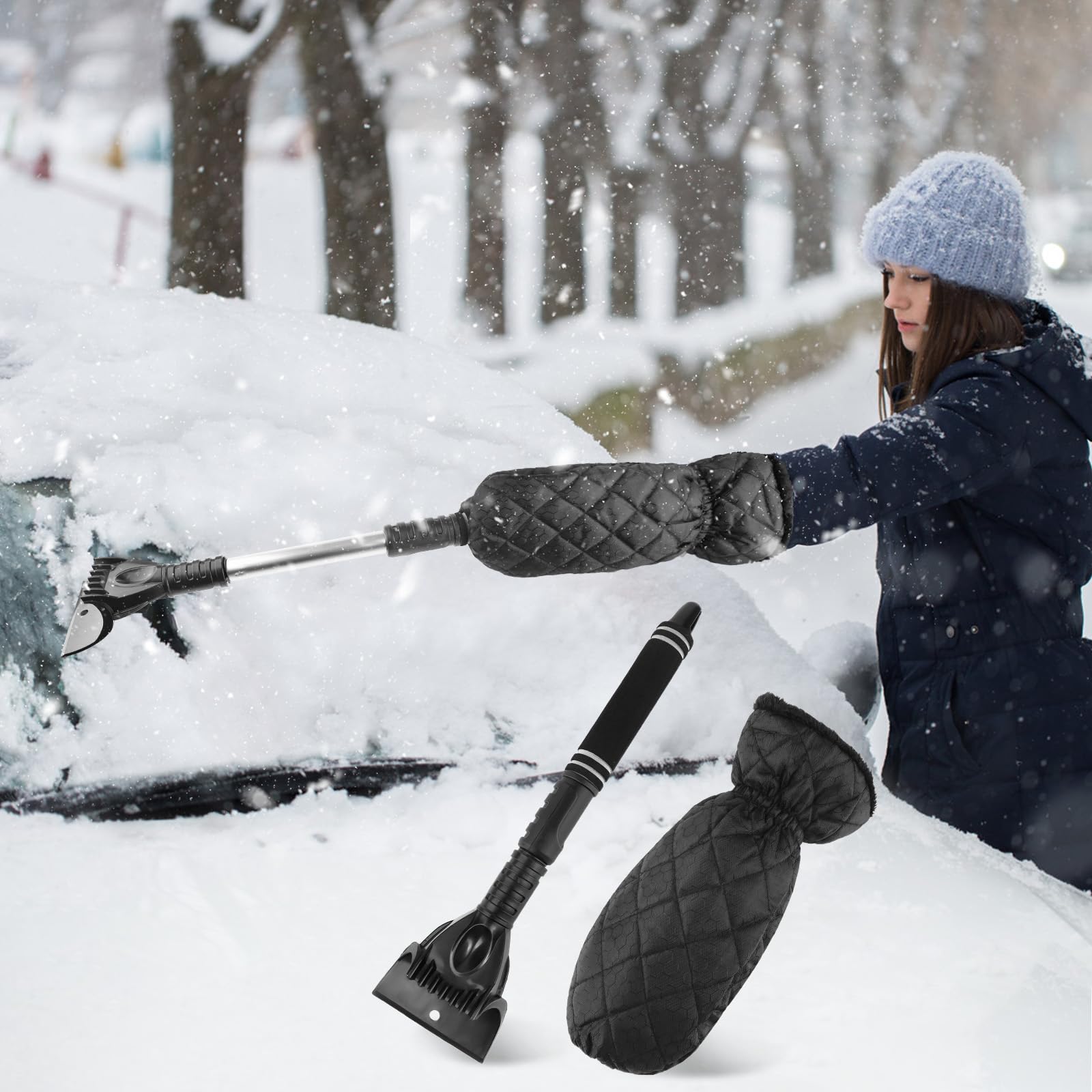 Lyneun Eiskratzer Auto mit Handschuh, Scheibenkratzer Auto mit Handschuh, Eiskratzer mit Rutschfestem Griff, Ausziehbarer Ice Scraper Car für Fahrzeug Windschutzscheibe und Haushaltsfenster (Schwarz) von Lyneun