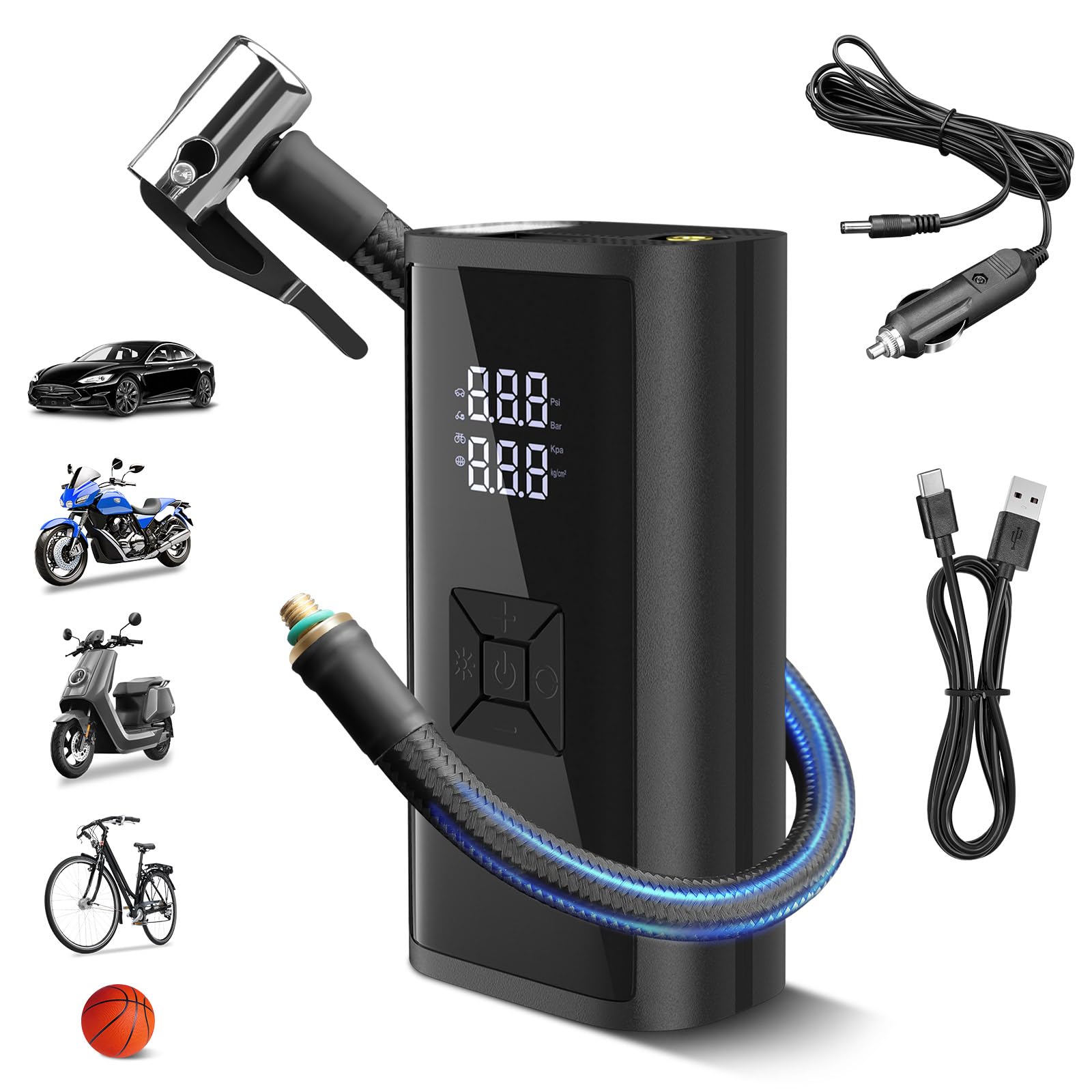 Elektrische Luftpumpe, Lytool Akku Luftpumpe Fahrrad Akku Kompressor, 150 PSI Tragbare Fahrrad Luftpumpe mit LCD-Display, LED-Licht, über USB-C wiederaufladbar für Auto, Motorrad, Fahrrad, Bälle von Lytool