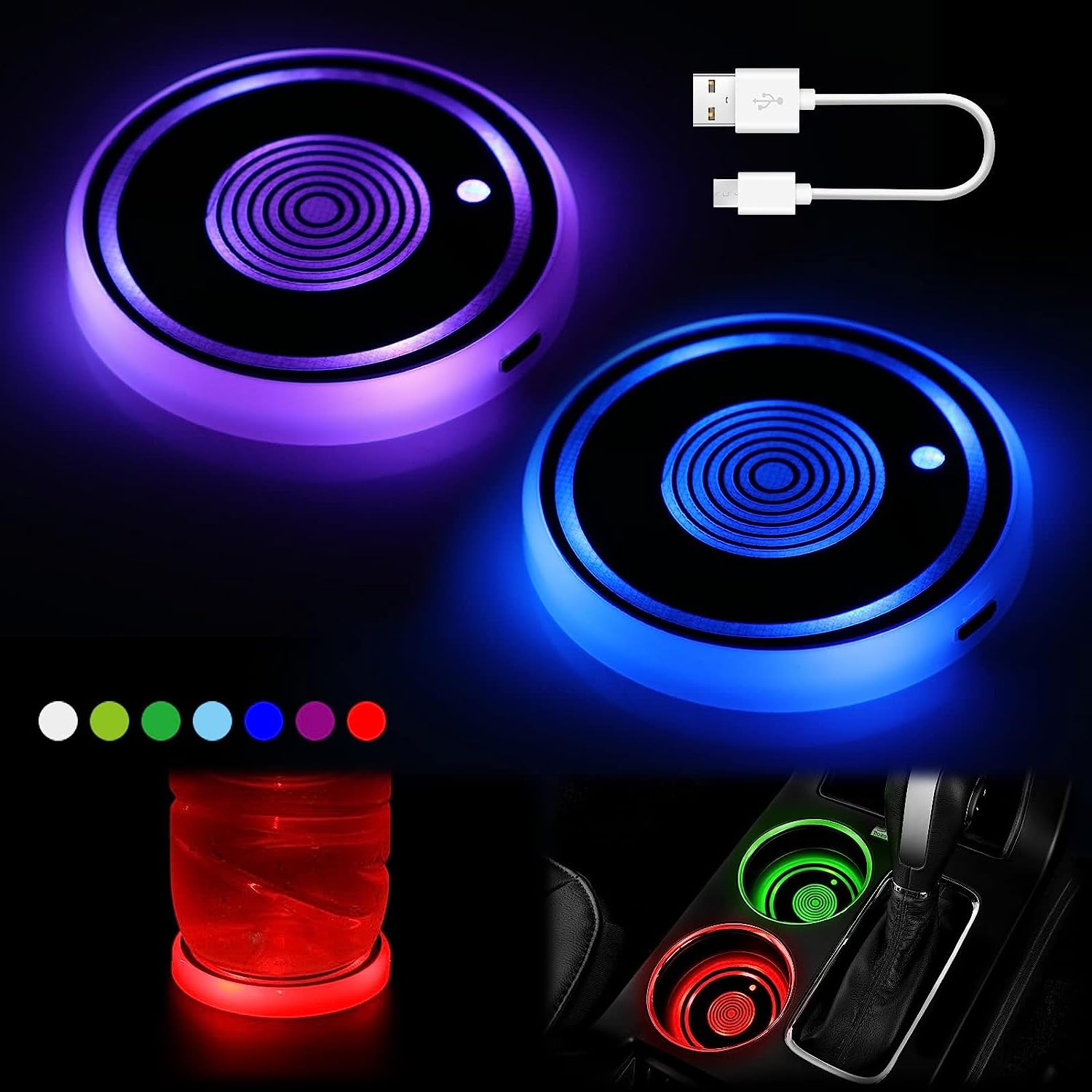 MACHSWON 2 Stück Becherhalter, Auto-Untersetzer, Vickes, LED-Becherhalter-Lichter, 7 Farben, wasserdicht, USB-Ladebecherhalter-Lichter, Autozubehör von MACHSWON