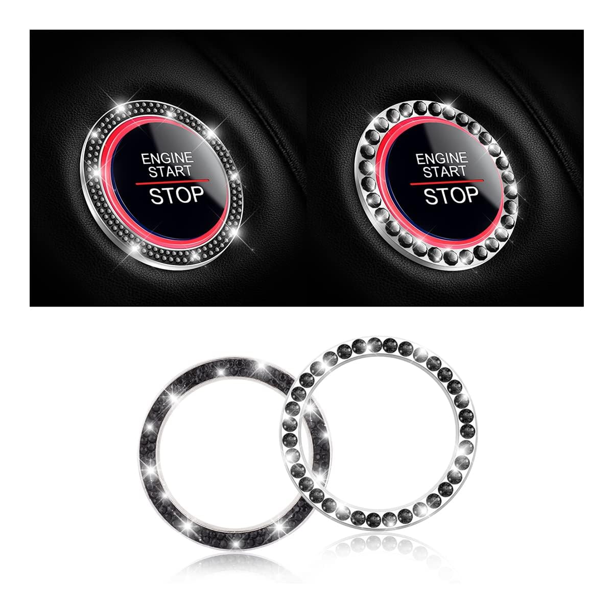 MACHSWON Bling Crystal Strass Motor Start Ring Aufkleber, 1 Reihe und 2 Reihen Bling Button Covers Schlüssel Zündknopf Strass Aufkleber Funkelnde Autozubehör Universal Fit Schwarz von MACHSWON