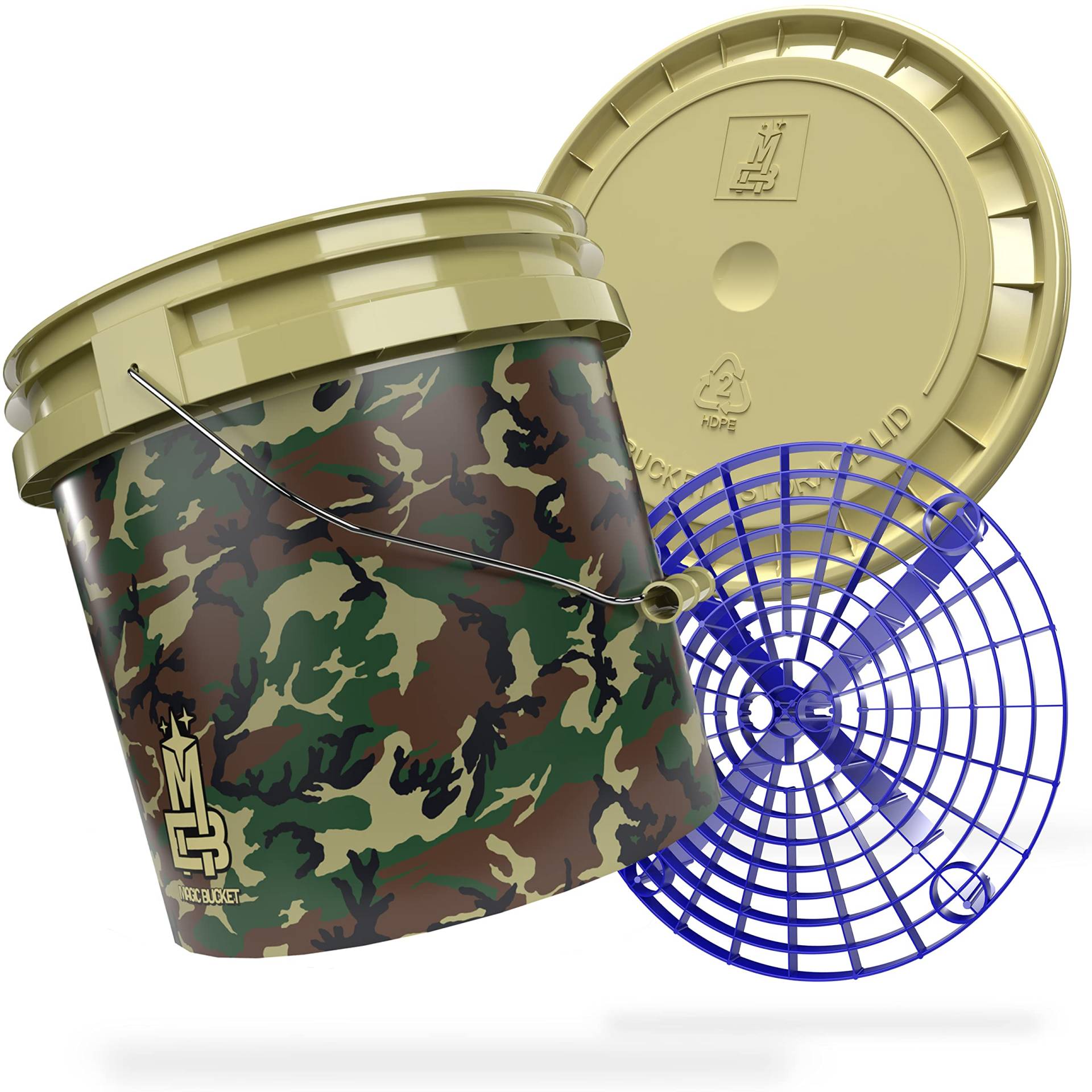 MAGIC BUCKET | Auto Handwäsche Bundle | Wascheimer mit passendem Eimer Deckel 3,5 US GALLONEN ca. 13 Liter | Mit Grit Guard Eimereinsatz Schmutzsieb | Waschset Camouflage Grün/Blau von MAGIC BUCKET