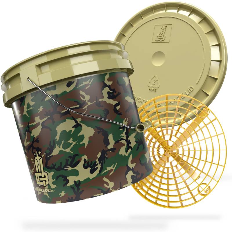 MAGIC BUCKET | Auto Handwäsche Bundle | Wascheimer mit passendem Eimer Deckel 3,5 US GALLONEN ca. 13 Liter | Mit Grit Guard Eimereinsatz Schmutzsieb | Waschset Camouflage Grün/Gelb von MAGIC BUCKET